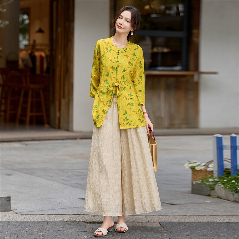 新中式（戏服改良版）印花宽松喇叭袖小衫配裙裤时尚气质两件套女,女装套装/套裙,水衣源