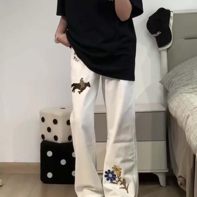 美式高街花朵印花刺绣牛仔裤男女春秋设计感弯刀裤重磅痞帅直筒裤,男装牛仔裤,星座601-1