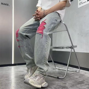 网络图 牛仔裤闪电破洞潮流牛仔裤夏季男宽松休闲百搭图片