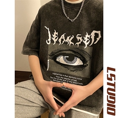 2023新款男生重磅短袖小众百搭眼睛印花水洗T恤JK23204-p45控58，男装T恤，星座605(原A050)