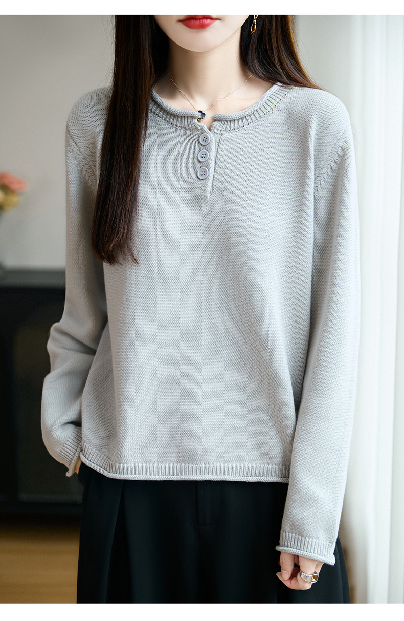 2025圆领系扣针织衫百搭简约，女装针织衫/毛衣，长今羊