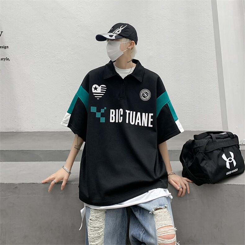wassuphappy撞色七分袖polo衫港风日系短袖男夏季设计感半袖t恤,男装T恤,电商A059