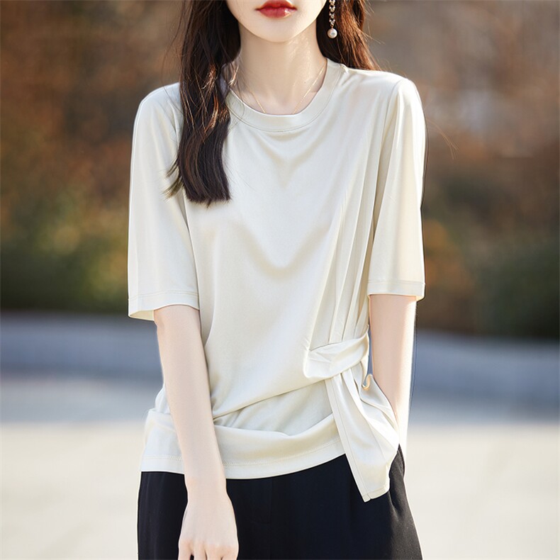 夏季新款纯色圆领醋酸短袖女设计感不规则下摆时尚高级套头T恤薄，女装T恤，臻维羊绒