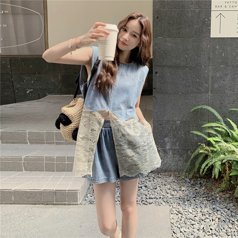 设计感蕾丝拼接牛仔背心套装女2025夏季新款小个子阔腿短裤两件套,女装套装/套裙,维壹
