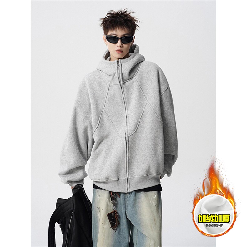 480G重磅加绒硬挺boxy男女秋冬美式高街结构高领卫衣开衫厚外套，女装短外套，电商A486