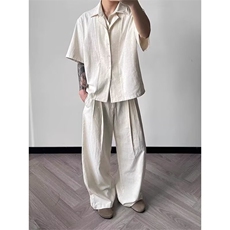 【现货】D22540-批48新款慵懒手缝线亚麻双领短袖衬衫男女夏季潮，男装T恤，星座603-2