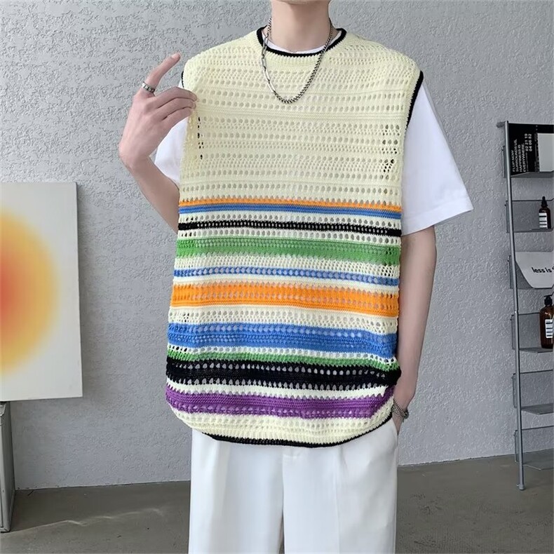 夏季复古撞色条纹背心马甲针织衫男情侣风叠穿小众毛衣男T8809，男装背心/马甲，星座1116A-1（原606A）