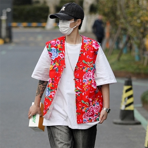 MJ03大花休闲口袋风盘扣马甲大码花坎肩团队服喜庆婚礼服潮男图片