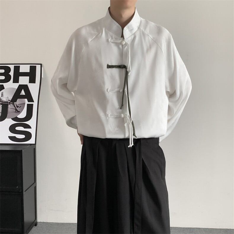 春装冰丝新中式复古高级感盘扣风长袖衬衫男汉服潮大码衬衣，男装衬衫，星座909