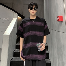 美式复古条纹T恤男款夏季扎染痞帅短袖重磅小领口半袖T702-P28，男装T恤，电商C307A