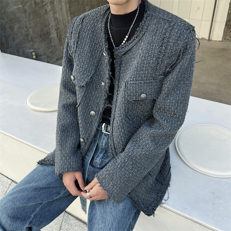 高级感粗花呢圆领西装外套男设计感小众毛边加厚休闲西服冬季HN71,男装西服套装,星座512-1（原513-3）