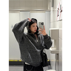 美式复古条纹拉链开衫连帽卫衣男女宽松休闲百搭情侣外套WY66，女装短外套，星座516A
