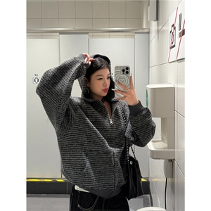 美式复古条纹拉链开衫连帽卫衣男女宽松休闲百搭情侣外套WY66图片