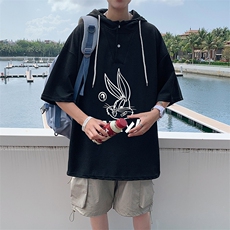 LD54179-P45连帽短袖t恤男大码胖子带帽五分袖中袖，男装T恤，电商A040