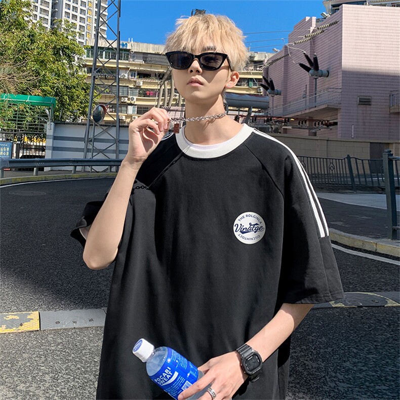 夏季美式高街重磅纯棉三条杠织带撞色男女短袖T恤ZD624-特P30,男装T恤,电商A486-1