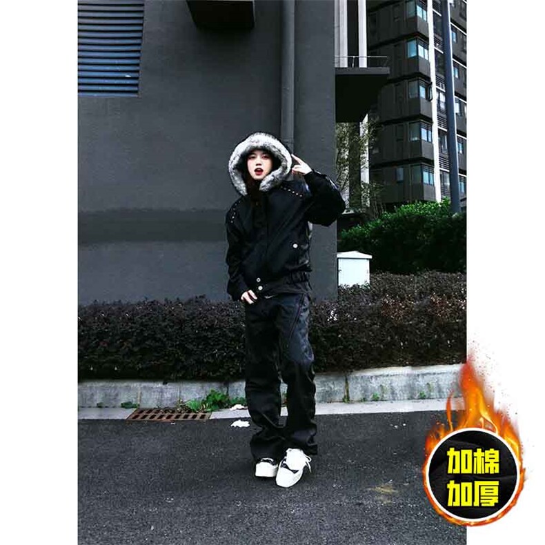 现货冬季美式潮牌痞帅PU皮机车服棉衣毛毛绒狼王座山雕皮棉服,男装棉衣,电商A486-1