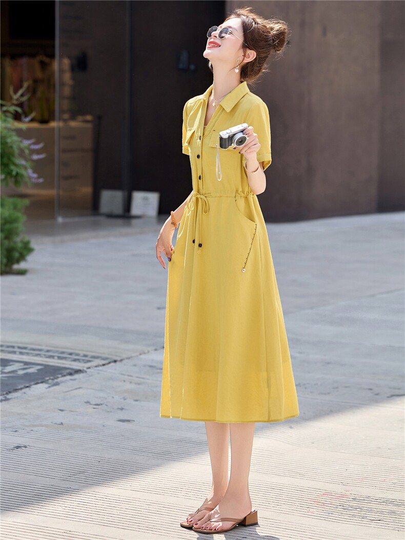 休闲时尚减龄连衣裙女中长款2025夏新款系带收腰显瘦polo领衬衫裙,女装连衣裙,意芙