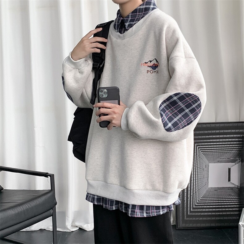 W608-P50聚酯格子衬衫领卫衣男圆领套头,男装衬衫,电商B369（原A024）