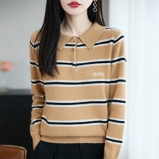 新款100纯羊毛衫女POLO领条纹打底宽松显瘦上衣秋冬撞色翻领毛衣，女装羊毛衫，大美人包芯纱店
