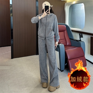 秋冬新款潮流纯色连帽外套阔腿裤套装图片