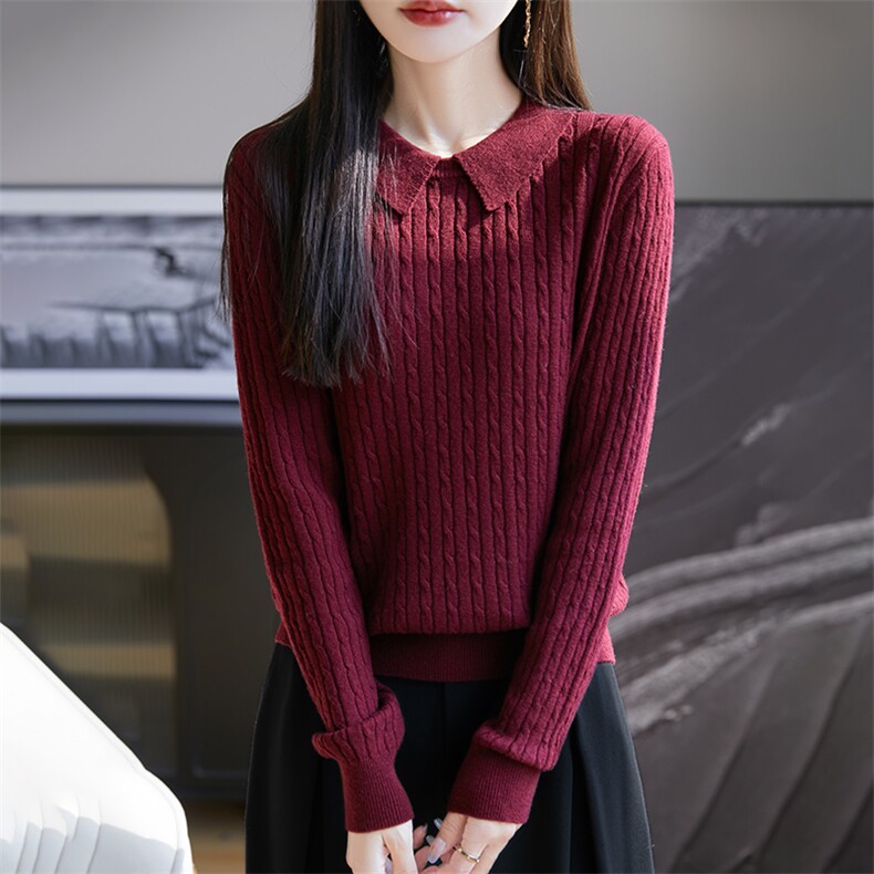 24秋冬100%纯羊毛衫女POLO领麻花针织毛衣宽松百搭羊绒衫打底上衣图片