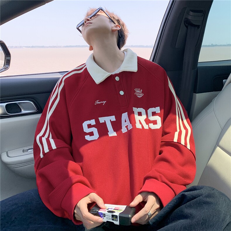 美式复古Polo领卫衣大码秋季重磅刺绣条纹上衣撞色外套WY5113/P65,女装短外套,电商B238