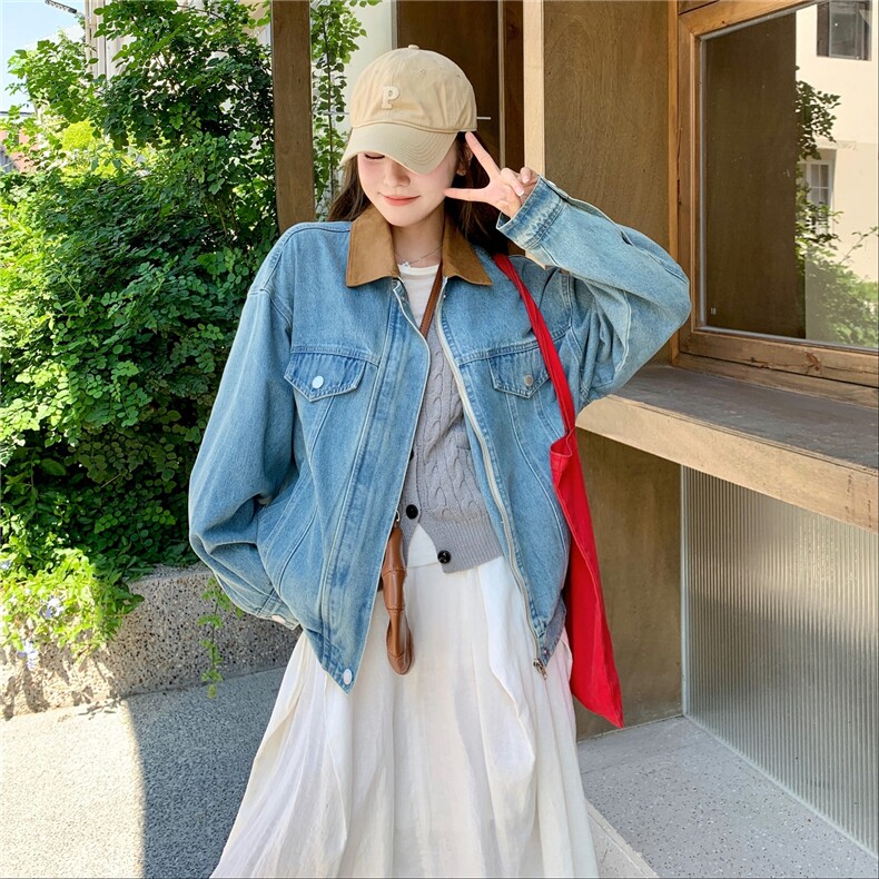 浅蓝色复古小个子牛仔外套女2025秋季减龄流行设计感宽松夹克上衣,女装短外套,2C053