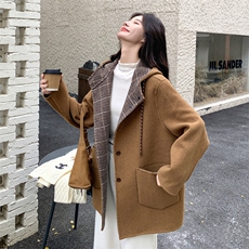 咖色格纹拼接双面呢大衣女2025年冬季新款韩系设计感加厚毛呢外套，女装羊绒大衣，2C198