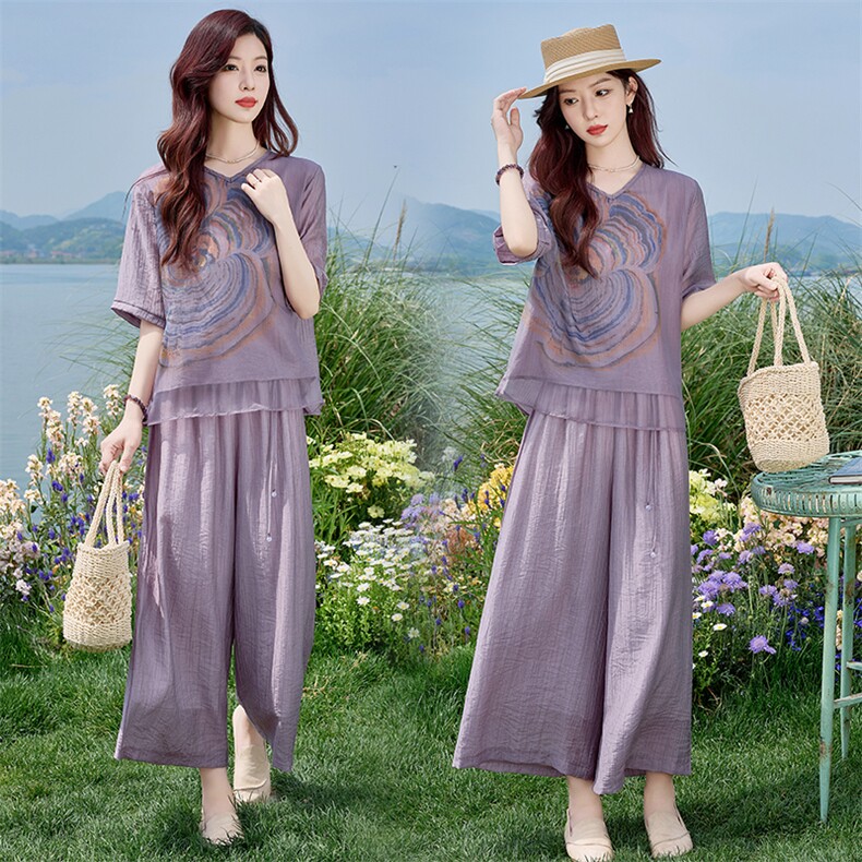 时尚印花棉麻阔腿裤套装女2025夏季新款气质松弛感穿搭麻料两件套，女装套装/套裙，魅影
