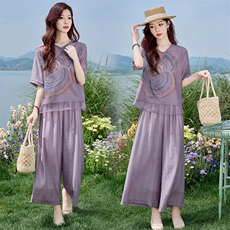 时尚印花棉麻阔腿裤套装女2025夏季新款气质松弛感穿搭麻料两件套，女装套装/套裙，魅影