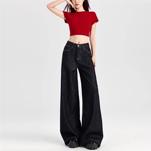 深蓝色阔腿牛仔裤女新款秋季美式辣妹宽松显瘦高个子直筒拖地长裤图片
