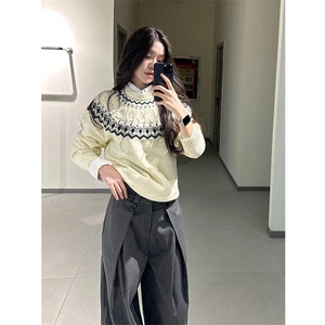 重磅秋冬装北极绒套头毛衣美式复古休闲慵懒风提花工艺针织衫外套图片