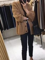 秋季新款舒适显瘦时尚百搭元宝针大口袋针织开衫女，女装羊毛衫，恒恩羊绒