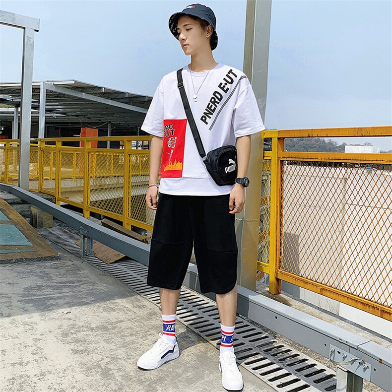 夏季男士潮流休闲短袖T恤套装搭配帅气五分裤一套衣服DS393T,男装T恤,电商A102