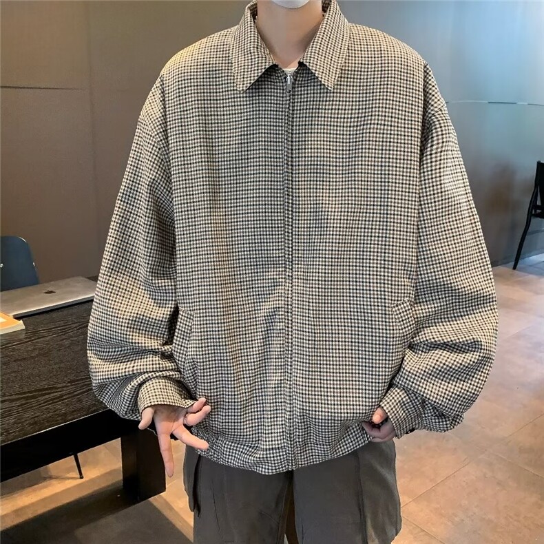 复古格纹肌理感宽松休闲两面穿夹克外套ins潮高级感开衫上衣服,男装夹克,星座716-4