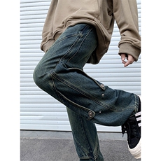 B221美式ins高街暗黑拼接直筒工装牛仔裤LK24147-P70控98，男装牛仔裤，电商B221