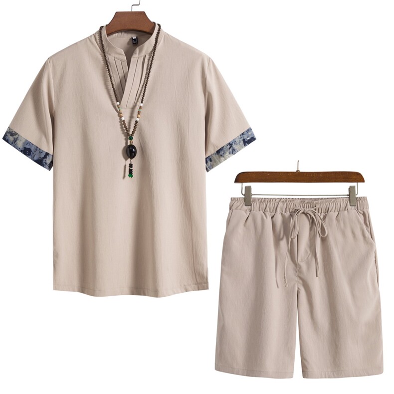 2025夏季男士风短袖复古衬衫纯色沙滩裤短裤套装TZ05，男装牛仔裤，星座1502-1