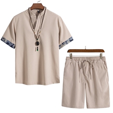 2025夏季男士风短袖复古衬衫纯色沙滩裤短裤套装TZ05，男装牛仔裤，星座1502-1