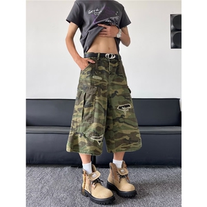 美式复古迷彩工装裤男夏季新款宽松直筒阔腿休闲短裤子图片