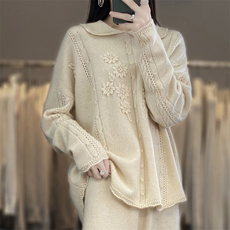 25秋冬新款娃娃领纯羊毛衫女复古立体绣花毛衣宽松羊绒针织打底衫,女装羊毛衫,江南羊绒