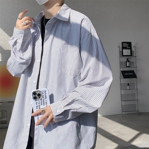 春夏条纹衬衫男长袖薄款痞帅高级感宽松慵懒风大码衬衣CS29003P45图片