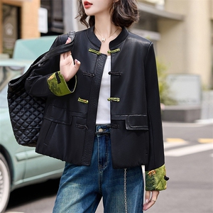 现货新中式仿真皮衣女短款2024新中式仿绵羊皮盘扣夹克外套女减龄图片