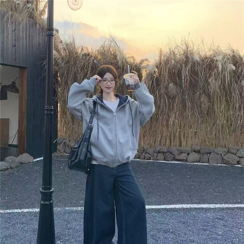 5498-P52原版做工帽绳袖窿口袋压线开衫拉链连帽外套,女装卫衣/绒衫,星座617A-2