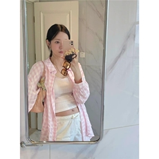 粉色格子衬衫女春夏2025新款韩系薄款宽松百搭休闲防晒上衣服外套，男装防晒衣，星座1210-1