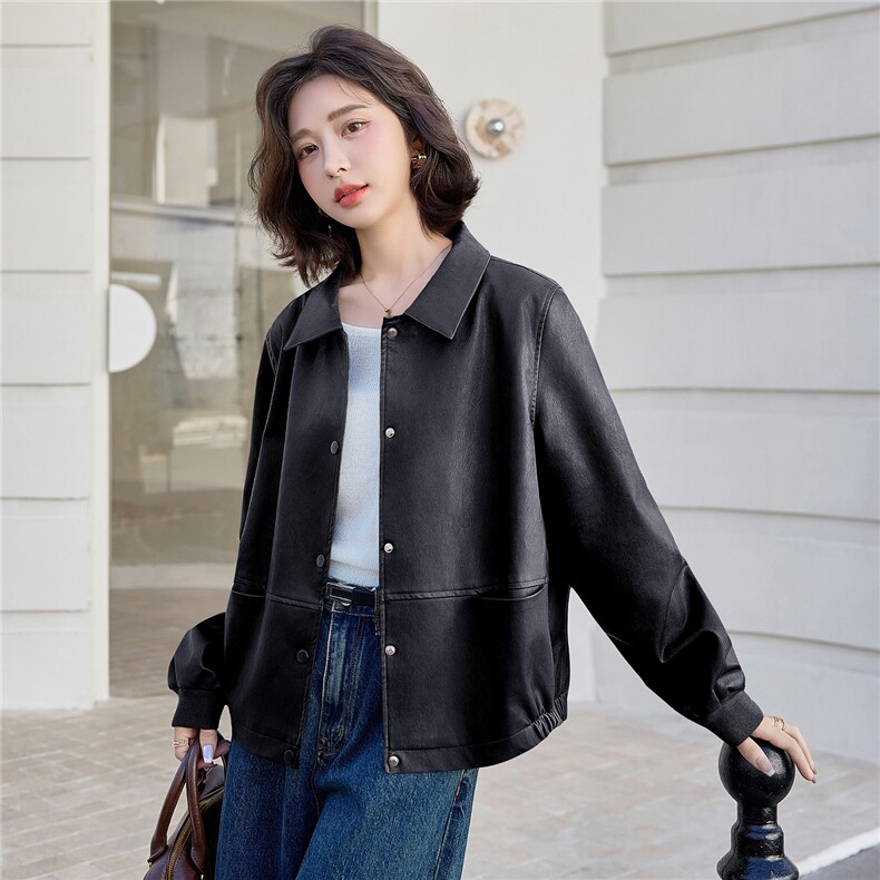 现货：复古皮外套女2025秋新款休闲pu皮夹克上衣高级感皮衣穿搭：,女装皮衣,依万里