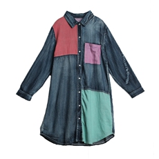 中长款拼接潮流休闲时尚气质宽松衬衫排多扣POLO领2021年春季长袖，女装衬衫，独衣靓