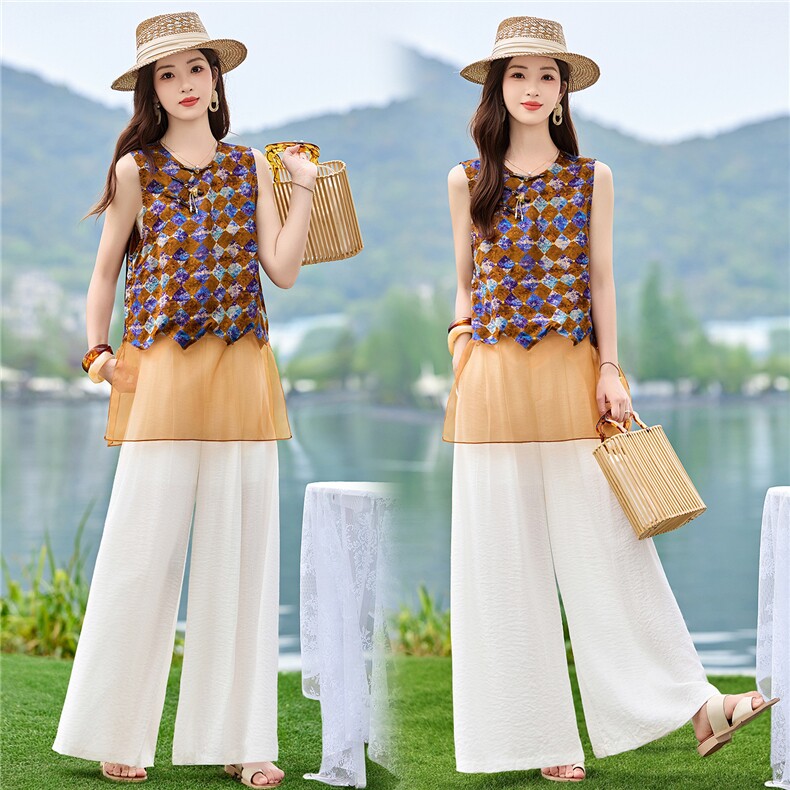 新中式夏季套装女2026新款高级感小个子时尚气质阔腿裤两件套，女装套装/套裙，米尚