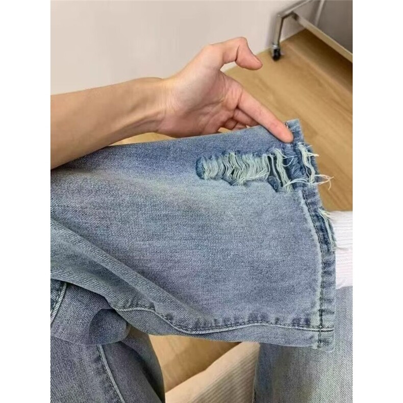 705-P41设计感别致破洞浅蓝休闲牛仔裤女2025夏季薄款,男装牛仔裤,电商B323A