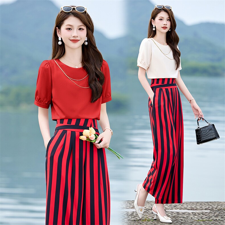 欧货漂亮时尚套装女2024夏气质名媛爆款修身高腰条纹阔腿裤两件套，女装套装/套裙，韩美纤衣