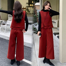 2026年春季法式时尚潮流舒适洋气带高级感磨毛呢马甲三件套裤，女装套装/套裙，超帛
